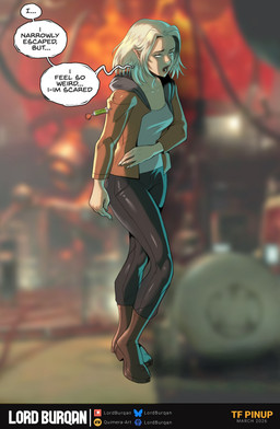 blonde_hair boots bottomwear clothed clothing dart dialogue female footwear fully_clothed hair jacket pants shoes solo syringe text topwear transformation lordburqan resident_evil_requiem grace_ashcroft human mammal comic english_text hi_res