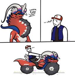ambiguous_gender anthro baseball_cap blush bodily_fluids bottomwear clothed clothing countershading dialogue duo ellipsis footwear frown hat headgear headwear horn humor innuendo jacket male motorcycle open_clothing open_jacket open_topwear pants riding scales shoes simple_background sitting smile standing sweat text tire topwear vehicle white_background ncs nintendo pokemon ancient_pokemon generation_9_pokemon human koraidon legendary_pokemon limited_build_koraidon mammal paradox_pokemon pokemon_(species) 2022 comic english_text hi_res multiple_scenes