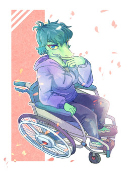 abstract_background animal_slippers anthro breasts claws clothing disability eyelashes female finger_claws fingers footwear freckles green_body green_hair green_scales grey_eyes hair hoodie looking_at_viewer paraplegic scales shoes short_hair sitting slippers smile snout solo topwear vehicle wheelchair yellow_sclera nolethxc cavemanon_studios i_wani_hug_that_gator olivia_halford baryonyx dinosaur prehistoric_species reptile scalie spinosaurid theropod 2024 3:4 digital_drawing_(artwork) digital_media_(artwork) hi_res