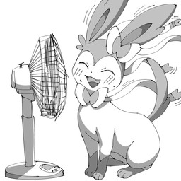 ambiguous_gender blush blush_lines bodily_fluids bow_(anatomy) cooling_off cute_fangs digitigrade electric_fan eyes_closed fangs feral happy heat_(temperature) open_mouth open_smile paws quadruped ribbons_(anatomy) sitting smile solo sweat tail teeth wind noye nintendo pokemon eeveelution generation_6_pokemon pokemon_(species) sylveon 1:1 2025 digital_media_(artwork) greyscale hi_res monochrome
