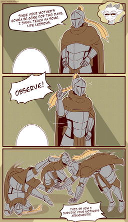 anthro armor clothed clothing dodging egg exclamation_point eyewear glasses hands_on_hips headgear helmet horn human_focus knight male rolling solo text thought_bubble warrior white_body the_man mythology dragon human mammal mythological_creature mythological_scalie scalie 2023 absurd_res comic english_text hi_res