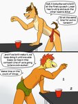 anthro avian beer_pong bird briefs briefs_only bulge canid canine canis chicken clothed clothing comic countdown coyote dialogue duo english_text fuze galliform gallus_(genus) hi_res jockstrap jockstrap_only johnny_(texnatsu) male mammal mond_reyes phasianid strip_game texnatsu text topless underwear underwear_only