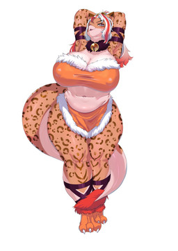 anthro bell big_breasts breasts clothed clothing female hair hand_on_head long_tail multicolored_hair navel ponytail red_hair solo tail thick_thighs two_tone_hair white_hair footchicken lena_(chaliefb) felid leopard lion mammal pantherine absurd_res hi_res
