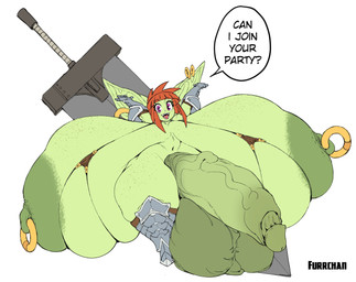 areola armor balls big_balls big_breasts big_ears big_eyes big_penis big_sword bikini bikini_top bottomless breasts buster_sword clothed clothing curvy_figure dialogue ear_piercing ear_ring erection freckles front_view gauntlets genitals gloves green_body green_skin gynomorph gynomorph_humanoid hair handwear huge_balls huge_breasts huge_ears huge_hips huge_penis huge_sword huge_thighs humanoid_genitalia humanoid_penis hyper hyper_balls hyper_breasts hyper_ears hyper_genitalia hyper_hips hyper_penis hyper_thighs ineffective_clothing intersex intersex_humanoid leggings legwear makeup mascara melee_weapon mostly_nude navel nipple_piercing nipples not_furry open_mouth open_smile partially_clothed penis piercing pink_eyes red_hair ring_piercing sharp_teeth shortstack shortstack_gynomorph shortstack_intersex simple_background smile solo speech_bubble squish swimwear sword sword_on_back teeth text thick_thighs thigh_squish tongue two-piece_swimsuit vein veiny_penis walking weapon weapon_on_back wide_hips furrchan goblin humanoid 2021 digital_media_(artwork) english_text hi_res signature