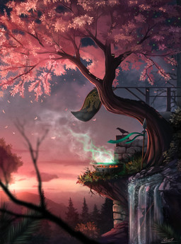 amazing_background ambiguous_gender banner bell cloud detailed_background duo forest glowing glowing_eyes landscape leaf looking_at_viewer melee_weapon nature outside plant planted_weapon polearm rock scenery_porn sky smoke spear star sun sunset tree water waterfall weapon yakovlev-vad avian bird mammal owl 2015 absurd_res detailed hi_res signature
