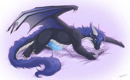 blush bodily_fluids claws cozy cum cum_covered_penis cum_on_bedding erection feet feral genital_fluids genitals hair horn hug hugging_object hugging_pillow knot lying male on_front orgasm paws penis pillow quadruped scales sleeping solo spread_wings tail toe_claws wet_dream wings darkforestt mythology nova_(bleuwolfy) dragon mythological_creature mythological_scalie scalie digital_drawing_(artwork) digital_media_(artwork) hi_res