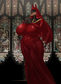 anthro big_breasts breasts clasped_hands clothed clothing cross dress ears_through_headwear ears_up female headdress huge_breasts inside looking_down makeup nun nun_habit nun_outfit praying red_clothing red_dress religious_clothing solo tight_clothing tight_topwear topwear wide_hips carsen canid canine canis dobermann domestic_dog mammal pinscher hi_res
