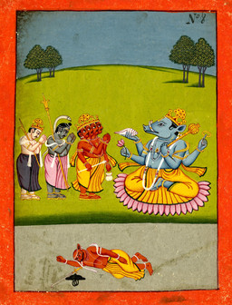 4_arms 4_heads 5_fingers 5_toes anklet anthro armlet biped blue_body bottomwear bowing bracelet clothed clothed_anthro clothed_human clothed_humanoid clothed_male clothing conch crown detailed_background ear_piercing ear_ring facial_hair feet feral fingers flower garland gem group hair hands_together headgear holding_flower holding_mace holding_melee_weapon holding_object holding_polearm holding_spear holding_weapon humanoid_feet humanoid_hands indian_clothing jewelry lotus_(flower) lotus_pose lying lying_on_ground mace male male_anthro male_human male_humanoid melee_weapon multi_arm multi_head multi_limb mustache necklace on_ground on_side outside pearl_(gem) pearl_necklace pelvic_curtain piercing pink_bottomwear pink_clothing plant plantigrade polearm praying praying_hands red_body religion ring_piercing serpentine shawl side_view sitting spear standing sword toes topless topless_human topless_humanoid topless_male tree tusk_ring tusks weapon yellow_bottomwear yellow_clothing unknown_artist asian_mythology hindu_mythology hinduism mythology brahma hiranyaksha indra_(deity) shiva varaha deity human humanoid mammal reptile scalie snake suid suine sus_(pig) wild_boar 19th_century absurd_res ancient_art gouache_(artwork) hi_res painting_(artwork) traditional_media_(artwork) traditional_painting_(artwork)