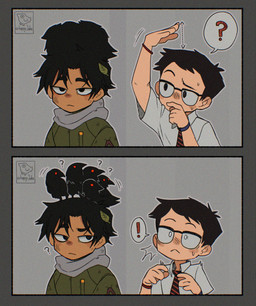2_panel_comic 5_fingers accessory ambiguous_feral ambiguous_gender bangs beak beak_closed bent_arm black_beak black_body black_border black_eyebrows black_eyewear black_feathers black_glasses black_hair black_necktie bodily_fluids border bracelet closed_frown clothing confusion dirty dot_eyes exclamation_point eyebrows eyewear feathers feral fingers frown frowning_at_another glasses green_clothing green_jacket green_topwear grey_background grey_scarf group hair height_comparison jacket jewelry larger_human larger_male leaf logo looking_at_another male male_human motion_lines mouth_closed multicolored_necktie necktie nervous nervous_sweat noseless pattern_necktie question_mark red_bracelet red_eyes red_stripes scarf short_hair simple_background simple_eyes sitting sitting_on_another size_difference smaller_ambiguous smaller_feral speech_bubble standing_on_another striped_necktie stripes surprised sweat tan_body tan_skin thin_eyebrows thinking topwear two_tone_necktie white_dress_shirt white_eyes a_happy_jake dead_by_daylight dwight_fairfield jake_park avian bird corvid corvus_(genus) crow human mammal oscine passerine 2025 artist_logo colored comic digital_drawing_(artwork) digital_media_(artwork) hi_res shaded