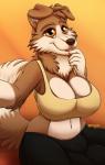 big_breasts big_bulge breasts brown_body brown_eyes brown_fur bulge clothing fur gynomorph huge_bulge intersex looking_at_viewer selfie smile solo may825 chelsea canid canine canis collie domestic_dog herding_dog mammal pastoral_dog sheepdog 2018 digital_media_(artwork) hi_res