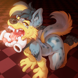 all_fours anthro black_body black_fur blonde_hair bodily_fluids butt disembodied_hand duo fangs finger_fetish finger_in_mouth finger_play fingers fur grey_body grey_fur grey_hair hair kneeling male mouth_play multicolored_hair pattern_background pawpads simple_background solo_focus sweat teeth tongue_grab two_tone_hair yellow_body yellow_eyes yellow_fur gerrkk kihayai canid canine mammal 1:1 2021 digital_media_(artwork) hi_res warm_colors