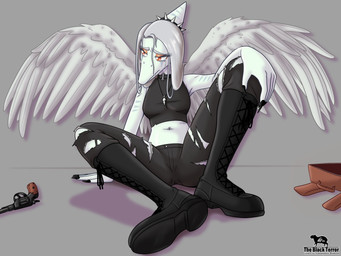 anthro blue_body bodily_fluids boots bottomwear choker clothed clothing crying feathered_wings feathers female footwear grey_hair gun hair handgun jewelry long_hair makeup midriff navel navel_piercing necklace orange_eyes pants piercing ranged_weapon revolver shoes sitting solo tears torn_bottomwear torn_clothing torn_pants weapon wings the-black-terror cavemanon_studios goodbye_volcano_high ko_op_(game_developer) snoot_game fang_(gvh) prehistoric_species pterosaur reptile scalie 4:3 hi_res