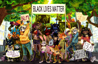 ambiguous_gender anthro banner boots clothing eyewear female fishnet_clothing footwear gloves group handwear hoodie horn jacket light male marching necktie plant politics shoes sprite sunglasses sunlight sweater topwear tree isaspsp black_lives_matter disney mythology zootopia finnick_(zootopia) helena_(bonk6) judy_hopps nick_wilde ailurid aquatic canid canine canis cricetid domestic_cat domestic_dog equid equine felid feline felis fennec_fox fox hamster haplorhine horse hyena lagomorph leporid mammal monkey mythological_creature mythological_equine pangolin primate rabbit red_fox red_panda rodent spotted_hyena true_fox unicorn digital_media_(artwork) digital_painting_(artwork) painting_(artwork)