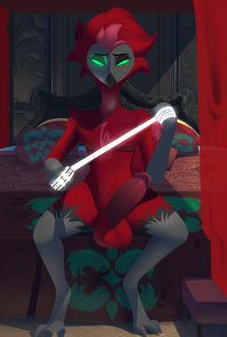 anthro balls bed erection fur furniture genitals glans green_sclera hair male nude penis red_body red_fur red_hair restraints solo donya hellaverse ruax_(razorthefox) goetia owl_demon hi_res