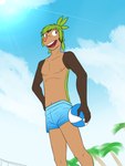 anthro anthrofied ball beach_ball clothed clothing holding_beach_ball inflatable low-angle_view male navel nipples outside palm_tree plant pokemorph solo sun swimming_trunks swimwear topless tree fuze nintendo pokemon cid_(fuze) chespin generation_6_pokemon pokemon_(species) 2018 hi_res