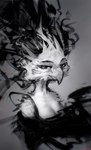 abstract_art anthro beak breasts chaos cloak clothing feathers female hair long_hair looking_at_viewer mantle simple_background smile solo kind_lurker avian bird absurd_res black_and_white bust_portrait digital_media_(artwork) hi_res monochrome portrait