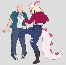 5_fingers anthro attack bald ballbusting belt blonde_hair boots bottomwear clothed clothing cock_and_ball_torture crotch_attack crotch_kick denim denim_bottomwear denim_clothing duo faceless_character faceless_human faceless_male female fingers fist footwear furgonomic_bottomwear furgonomics genital_torture hair jacket jeans kick long_tail male open_clothing open_jacket open_topwear pants plantigrade rear_view shirt shoes spikes spikes_(anatomy) tail topwear torn_bottomwear torn_clothing torn_jeans torn_pants deadassspider cavemanon_studios i_wani_hug_that_gator snoot_game anon_(snoot_game) mia_moretti dinosaur hadrosaurid human mammal ornithischian ornithopod parasaurolophus prehistoric_species reptile scalie