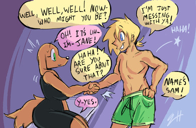 anthro blonde_hair blue_eyes brown_hair clothing dialogue duo female gesture green_clothing green_eyes green_swimming_trunks green_swimwear green_trunks hair handshake male nervous speech_bubble swimming_trunks swimwear text wetsuit biscotti5000 jane_(biscotti5000) sam_(biscotti5000) canid canine canis domestic_dog human mammal english_text