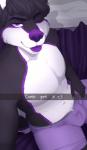 anthro black_body black_fur black_hair bulge camera_view canid canine clothed clothing english_text fur hair hi_res looking_at_viewer male mammal muscular muscular_anthro muscular_male purple_body purple_eyes purple_fur purple_nose purple_tongue redpixie selfie smile snapchat solo text tongue tongue_out white_body white_fur