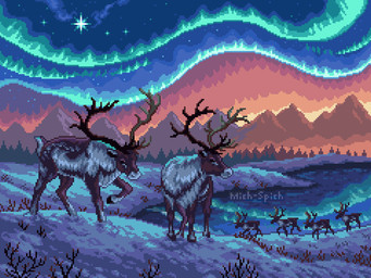 ambiguous_gender antlers aurora_(phenomenon) feral group hooves horn quadruped snow tail mich-spich deer mammal new_world_deer reindeer digital_media_(artwork) pixel_(artwork)