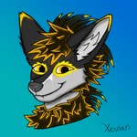 anthro feathers fur glowing glowing_body glowing_fur grey_body looking_at_viewer male yellow_body yellow_eyes yellow_fur xevianlight ascended_xevian xevian_(xevianlight) rexouium 1:1 absurd_res headshot_portrait hi_res portrait