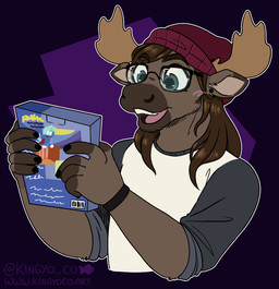 anthro antlers beanie black_ear_ring black_nails brown_hair clothed clothing colored_nails excited eyewear glasses green_eyes hair hat headgear headwear horn long_hair male nails shirt smile solo topwear kingyoco pajama_sam brutalmoose deer mammal moose new_world_deer hi_res