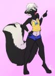 anthro blue_eyes bottomwear clothed clothing femboy hair male navel pink_background shorts simple_background solo standing tongue tongue_out white_hair maskedpuppy niteskunk mammal mephitid skunk 2013