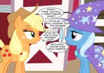 blonde_hair blue_body blue_hair cape clothing dialogue duo female feral freckles green_eyes hair hat headgear headwear orange_body text witch_hat badumsquish friendship_is_magic hasbro my_little_pony applejack_(mlp) trixie_(mlp) earth_pony equid equine horse mammal pony english_text hi_res