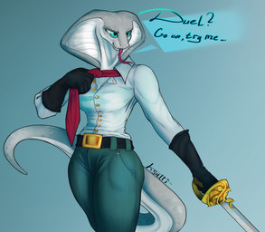 anthro belt blue_eyes clothing female forked_tongue gloves handwear living_tail melee_weapon necktie scales scaly_tail shirt simple_background snake_hood snake_tail solo sword tail tongue topwear unusual_anatomy unusual_tail weapon ksatti alaska_(pavlentine) reptile scalie snake hi_res tagme