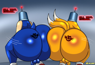anthro armor ass_to_ass bad_end balls big_butt blue_body blue_fur bottom_heavy brainwashing bubble_butt bucket bucket_on_head butt butt_focus butt_tattoo chum_bucket_bucket_helmet clothed clothing container dialogue duo femboy fur game_over gameplay_mechanics genitals hat headgear headwear helmet huge_butt hypnosis hypnotic_clothing hypnotic_helmet male male/male mind_control penis rear_view simple_background small_penis tattoo tech_control text thick_thighs twerking wide_hips yellow_body yellow_fur al_gx eggman_logo sega sonic_the_hedgehog_(series) miles_prower sonic_the_hedgehog canid canine eulipotyphlan fox hedgehog mammal red_fox true_fox 2025 english_text hi_res