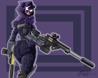 anthro arm_tuft armor big_butt breasts butt clothing dual_wielding empty_eyes eye_scar facial_scar female fur gauntlets gloves gun handwear hip_tuft holding_gun holding_object holding_ranged_weapon holding_weapon looking_at_viewer looking_back looking_back_at_viewer obscured_face purple_background purple_body purple_fur purple_hood ranged_weapon scar shoulder_tuft simple_background solo thick_thighs tuft weapon white_eyes wide_hips hoja_dp epic_games fortnite raven_team_leader bear mammal hi_res