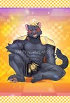 anthro black_body black_fur claws covering covering_crotch drunk fur laugh male mohawk pink_paws solo substance_intoxication tail crimsonrabbit cygames world_flipper claw_(world_flipper) felid mammal pantherine hi_res