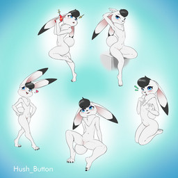 anthro black_body black_fur black_hair chest_tuft dipstick_ears ear_markings featureless_chest female flat_chested fur genitals hair holding_object holding_ranged_weapon holding_raygun holding_weapon kneeling lying markings multicolored_ears on_back ranged_weapon raygun sitting solo standing tuft vulva weapon white_body white_fur hush_button osamu_tezuka the_amazing_3 captain_bokko lagomorph leporid mammal rabbit 1:1 absurd_res hi_res