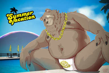 anthro belly brown_body clothing fur looking_at_viewer male navel nipples overweight overweight_male slightly_chubby solo speedo swimwear underwear jenokamui mihoyo zenless_zone_zero ben_bigger bear mammal thiren 3:2 hi_res