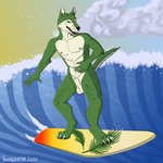 4_toes 5_fingers animal_genitalia anthro ball_tuft balls casual_nudity claws feet fingers fully_sheathed fur genitals green_body green_eyes green_fur green_nipples male multicolored_body multicolored_fur muscular muscular_anthro muscular_male nipples sea sheath short_fur solo surfboard surfer surfing toes tuft two_tone_body two_tone_fur vehicle water watercraft wave trashgriffin greeny_(odisaodi) canid canine canis mammal wolf 1:1 2020 hi_res