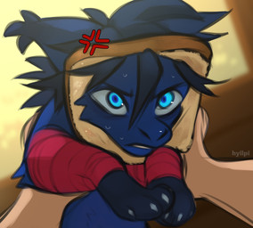 blue_body blue_eyes blue_fur blue_hair bread clothed clothing duo food fur hair solo_focus hyilpi human mammal 2022 digital_media_(artwork) hi_res