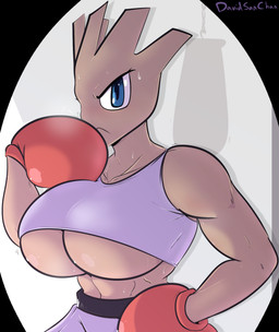 angry athletic athletic_female athletic_wear big_breasts blue_eyes bodily_fluids bottomwear boxing_gloves breasts brown_body clothed clothing female frown hand_on_chin hand_on_hip handwear muscular muscular_female purple_bottomwear purple_clothing purple_shorts shorts solo sweat under_boob davidsanchan nintendo pokemon generation_1_pokemon hitmonchan humanoid pokemon_(species) 2022 half-length_portrait hi_res portrait