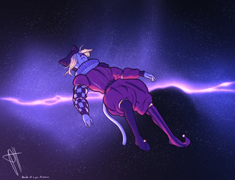 ambiguous_gender anthro calm clothed clothing cosmic_background detailed_background expressionless fingers floating fool's_hat fur glowing glowing_eyes hair hat headgear headwear jester jester_outfit solo space space_background tail text white_body perfecthorizon felid mammal 2025 artist_name colored digital_drawing_(artwork) digital_media_(artwork) english_text full-length_portrait hi_res portrait shaded signature