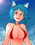 big_breasts blue_hair breasts clothing day fangs female hair looking_at_viewer open_mouth outside red_eyes smile solo standing sun swimwear teeth whiskers arkeus cartoon_network the_amazing_world_of_gumball nicole_watterson animal_humanoid cat_humanoid felid felid_humanoid feline feline_humanoid humanoid mammal mammal_humanoid absurd_res hi_res