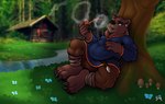 5_toes anthro barefoot brown_body brown_fur cabin creek feet forest forest_background fungus fur male mushroom nature nature_background pipe_smoking plant relaxing smoke smoke_ring solo toes tree saylir bjorn_twopaw bear mammal