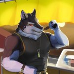 anthro eating jewelry male meat_skewer muscular muscular_anthro muscular_male necklace pawpads pecs red_sclera solo 581rsiy lifewonders live_a_hero monomasa canid canine canis domestic_dog husky mammal nordic_sled_dog spitz 1:1 hi_res