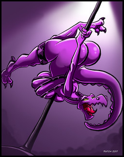 anthro breasts butt claws fangs female half-closed_eyes horn mostly_nude narrowed_eyes open_mouth pole solo stripper_pole tail teeth tongue tongue_out upside_down dutch_(artist) adult_swim cartoon_network rick_and_morty interstellar_demon_stripper alien demon scalie 2017 hi_res signature
