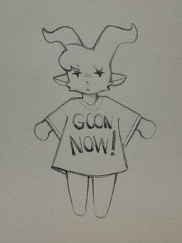 2_horns :< ambiguous_gender anthro black_text blush blush_lines bottomless cheek_tuft circle_eyebrows clothed clothing exclamation_point eyebrows facial_tuft fur gooner head_tuft horn mouth_closed oversized_clothing oversized_shirt oversized_topwear shirt shirt_only solo standing star_eyes text topwear topwear_only tuft shiftyeen imp 2026 3:4 english_text graphite_(artwork) hi_res icon monochrome traditional_media_(artwork)