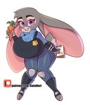 anthro big_breasts big_ears breasts buckteeth carrot_pen clipboard clothed clothing female huge_breasts huge_ears looking_at_viewer open_mouth paper police police_badge police_uniform purple_eyes scut_tail short_tail smile solo tail teeth text uniform norithecat disney zootopia judy_hopps european_rabbit lagomorph leporid mammal oryctolagus rabbit 2024 hi_res url