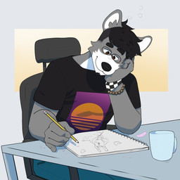 anthro biped black_nose bottomwear bracelet chair clothing container creating_art cup denim denim_bottomwear denim_clothing desk eyewear fur furniture glasses grey_body grey_fur hand_on_cheek heart_symbol holding_object holding_pencil jeans jewelry looking_down male male_anthro open_mouth pants pencil_(object) shirt simple_background sitting sketchbook smile solo table topwear white_body white_fur p_rindustries rareware viva_pinata canid canine canis mammal wolf 1:1 hi_res