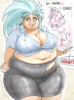 anthro belly big_belly big_breasts black_bottomwear black_clothing black_skirt blue_clothing blue_shirt blue_topwear book bottomwear breasts clothing collared_shirt duo female green_hair hair huge_belly huge_breasts long_hair morbidly_obese morbidly_obese_female navel obese obese_female overweight overweight_female pig_nose shirt skirt tearing_clothing temptation text thick_arms thick_thighs topwear torn_clothing transformation weight_gain ryoxxl tenchi_muyo ryoinko_(ryoxxl) ryoko_hakubi domestic_pig mammal suid suine sus_(pig) english_text hi_res