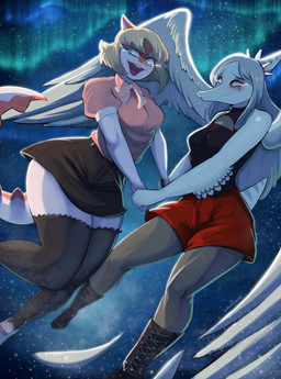 amber_eyes anthro aurora_(phenomenon) blonde_hair blush bodily_fluids boots bottomwear bow_tie canon_couple claws clothing collared_shirt crying dress_shirt duo elbow_feathers eyewear feathered_wings feathers female fingers flying footwear glasses grey_body grey_hair grey_scales hair halter_top hand_holding legwear long_hair long_tail multicolored_body multicolored_scales orange_body orange_scales scales shirt shoes short_hair short_tail skirt smile snout spikes spikes_(anatomy) tail teal_eyes tears tears_of_joy thick_thighs thigh_highs topwear two_tone_body two_tone_scales white_body white_scales wide_hips wings deadassspider goodbye_volcano_high ko_op_(game_developer) fang_(gvh) naomi_(gvh) dinosaur hadrosaurid mammal ornithischian ornithopod parasaurolophus prehistoric_species pterosaur reptile scalie 2023 absurd_res hi_res nonbinary_(lore)