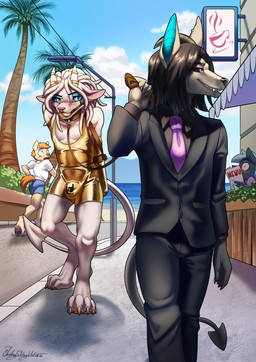 anthro anthro_on_anthro ball_gag biped black_nose black_sclera blue_eyes blue_inner_ear blush bottomwear claws clothed clothing detailed_background dominant dominant_male dreadlocks duo_focus ear_piercing facial_piercing fangs gag group horn horn_jewelry horn_ring humiliation jewelry leash lock_symbol male male/male necktie nose_piercing nose_ring null_bulge outside paws piercing public public_humiliation pupils purple_eyes ring_(jewelry) ring_piercing shirt shorts shy slit_pupils spade_tail submissive submissive_male suit tail teeth text topwear walking jedayskayvoker mythology canid canid_demon canine demon hellhound mammal mythological_canine mythological_creature 2023 absurd_res english_text hi_res signature