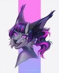 anthro black_hair black_inner_ear_fluff cheek_tuft ear_tuft eyelashes facial_tuft fangs female fur glistening glistening_eyes grey_body grey_fur grey_horn hair horn inner_ear_fluff looking_at_viewer open_mouth open_smile pink_tongue purple_eyes purple_hair simple_background smile solo teeth tongue tuft marie_merkh felid mammal hi_res