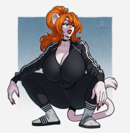 anthro arms_on_knees black_clothing blue_eyes choker clothing colored_nails crouching ears_up female footwear fur hair jewelry lips looking_aside nails necklace red_hair red_lips red_nails sandals shoes slav_squat socks socks_with_sandals solo tail tracksuit white_body white_fur white_tail boosterpang adidas anika_stelida american_mink mammal mink mustelid musteline neovison true_musteline hi_res